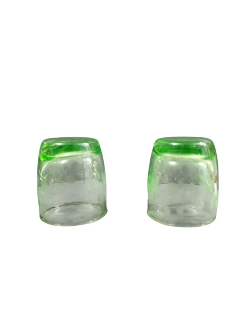 2 Vintage Uranium Vaseline Glass Shot Glasses Wheel Cut Etched Floral Glows 2